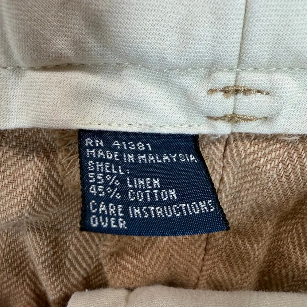 Vintage Polo Ralph Lauren Mens 35x32 Tan Herringbone Linen Cotton Pleated Cuffed